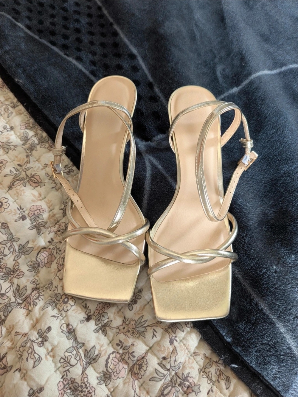 Metallic Gold Strappy Square-Toe Heeled Sandals